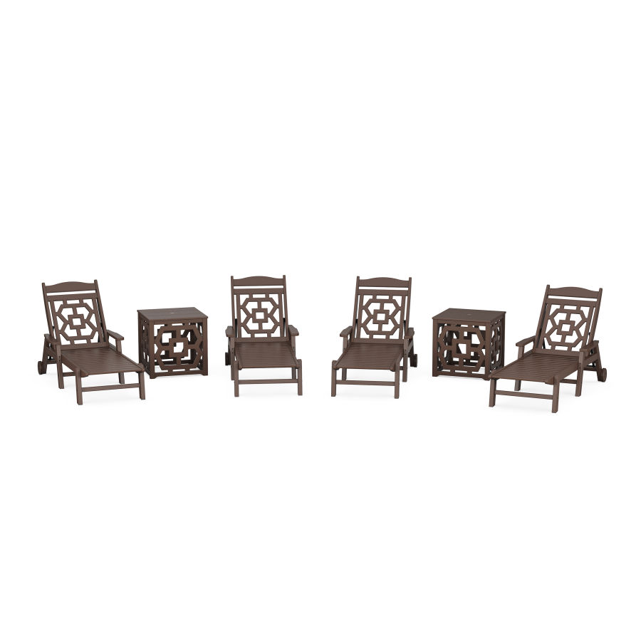 POLYWOOD Chinoiserie 6-Piece Chaise Set with Umbrella Stand Accent Table in Mahogany