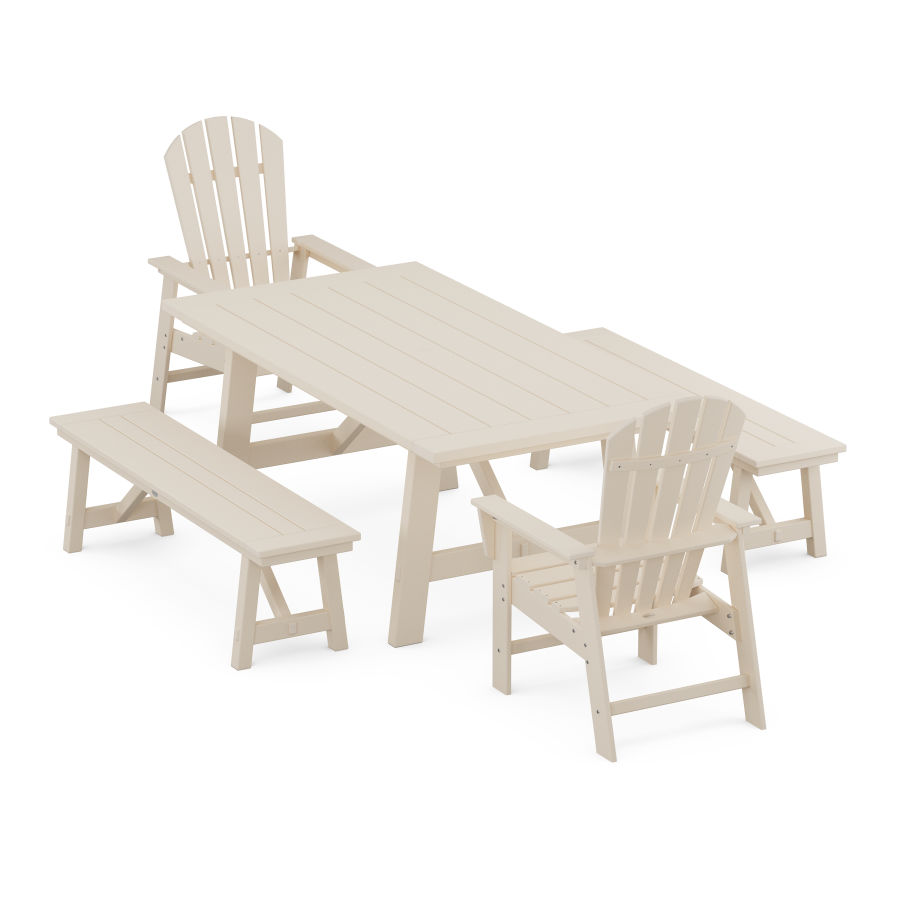 POLYWOOD South Beach 5-Piece Rustic Farmhouse Dining Set With Trestle Legs in Sand