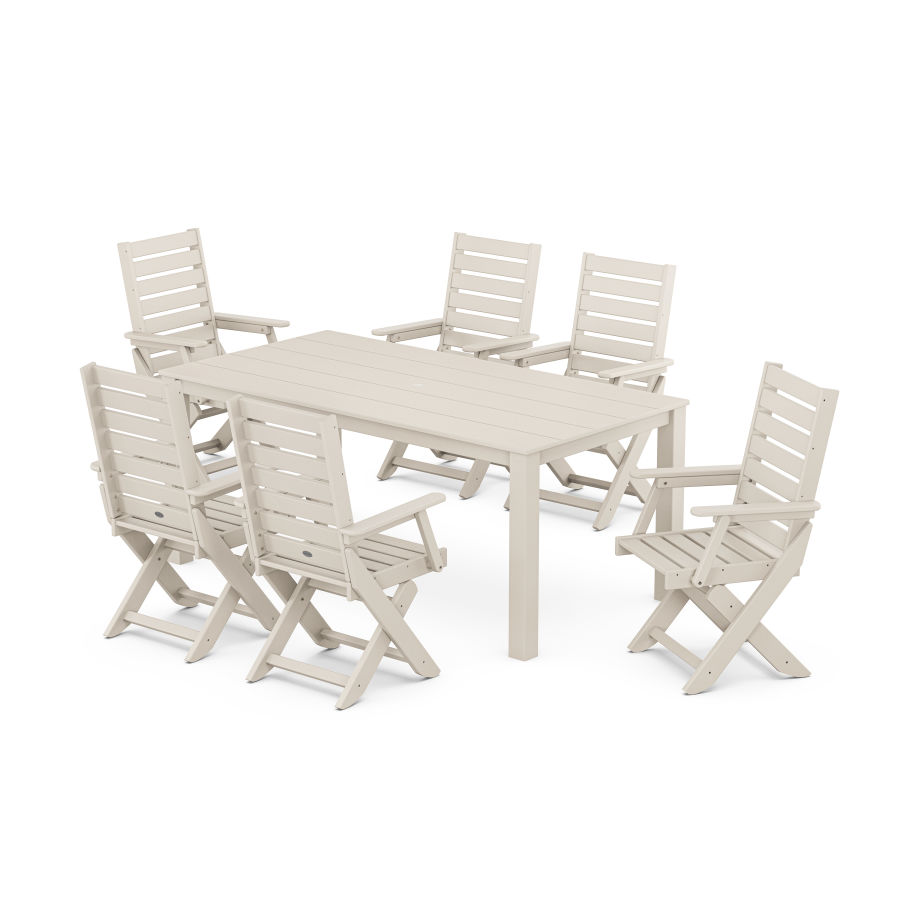 POLYWOOD Captain Folding Chair 7-Piece Parsons Dining Set in Sand