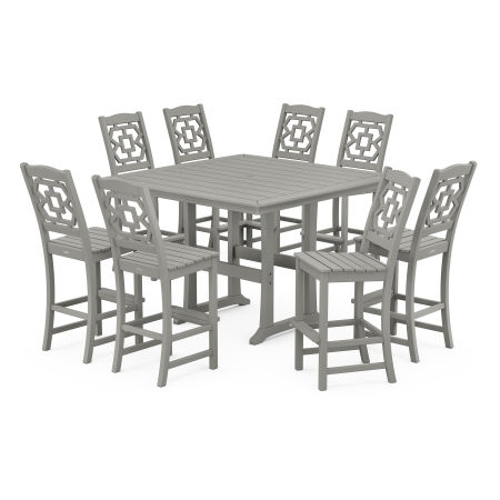 POLYWOOD Chinoiserie 9-Piece Square Side Chair Bar Set with Trestle Legs