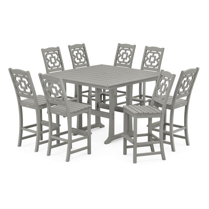 POLYWOOD Chinoiserie 9-Piece Square Side Chair Bar Set with Trestle Legs
