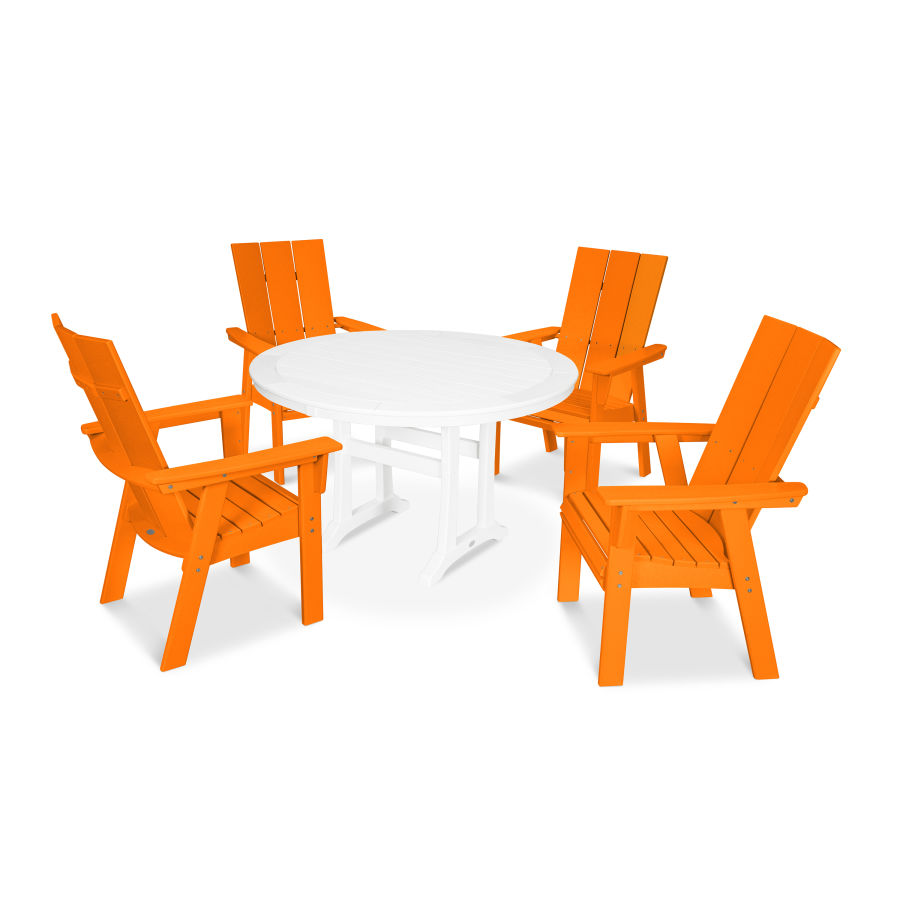 POLYWOOD Modern Curveback Adirondack 5-Piece Nautical Trestle Dining Set in Tangerine / White