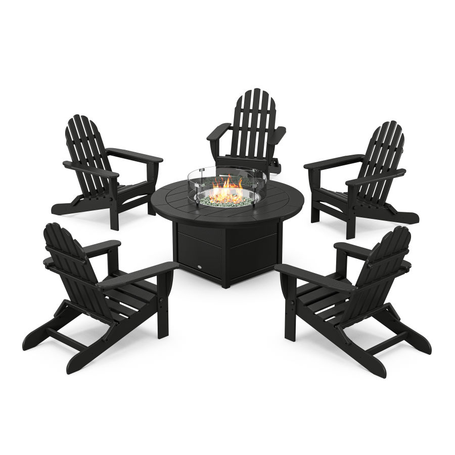 POLYWOOD Classic Folding Adirondack 6-Piece Conversation Set with Fire Pit Table in Black