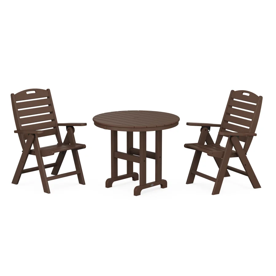 POLYWOOD Nautical Folding Highback Chair 3-Piece Round Dining Set in Mahogany