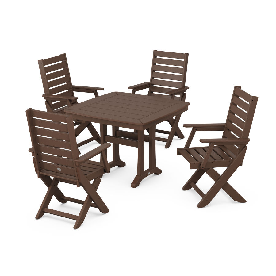 POLYWOOD Captain Folding Chair 5-Piece Dining Set with Trestle Legs in Mahogany