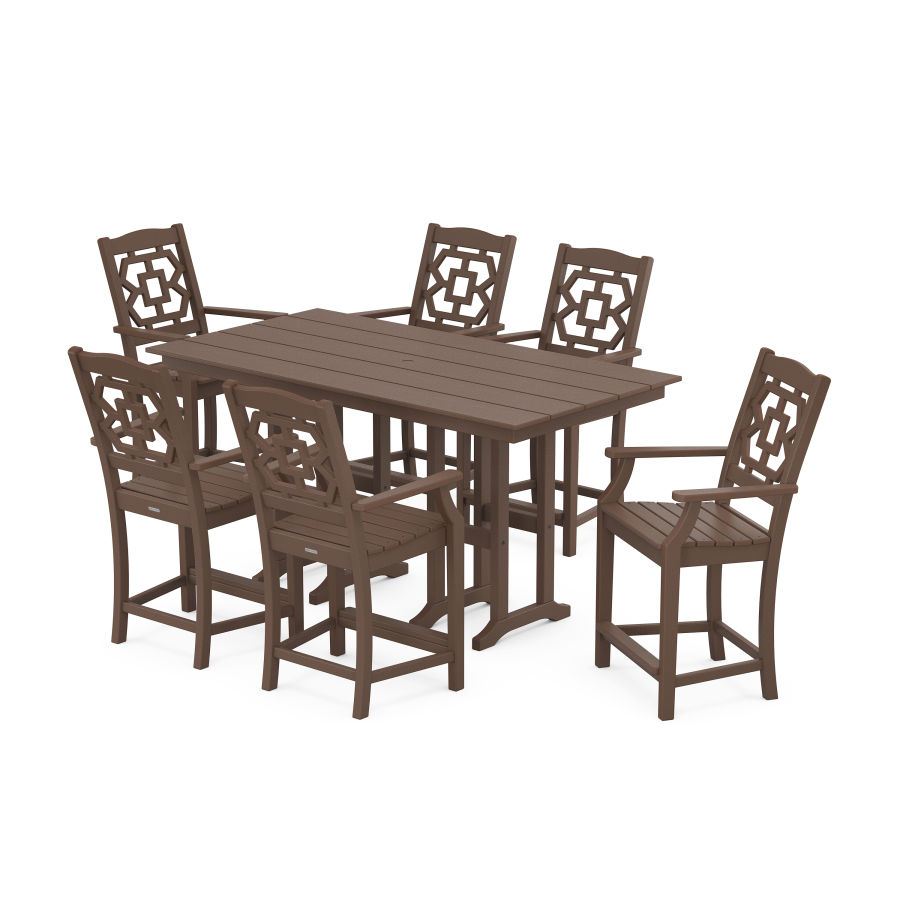 POLYWOOD Chinoiserie Arm Chair 7-Piece Farmhouse Counter Set in Mahogany