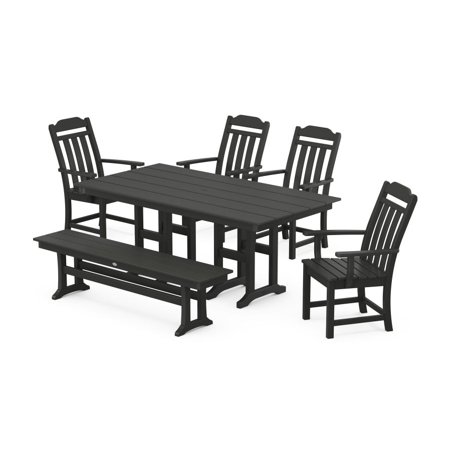 POLYWOOD Country Living 6-Piece Farmhouse Dining Set with Bench in Black