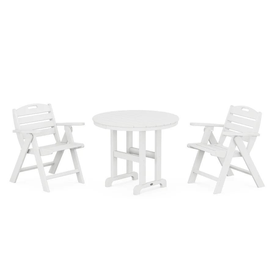 POLYWOOD Nautical Folding Lowback Chair 3-Piece Round Dining Set in White