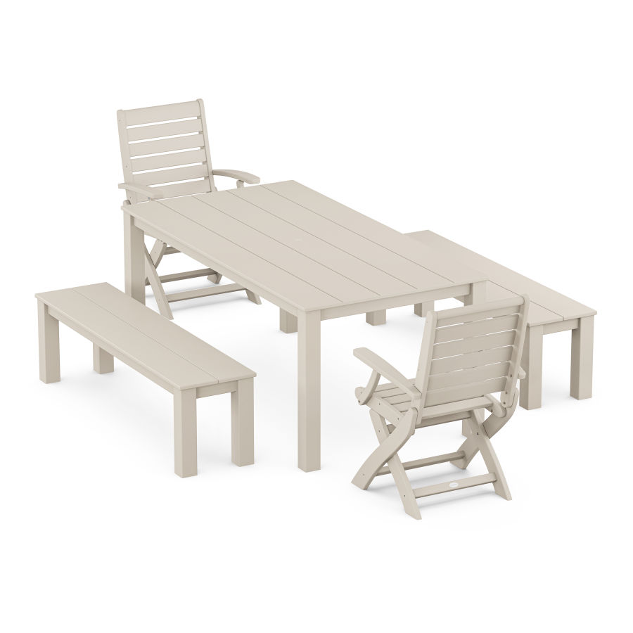 POLYWOOD Signature Folding Chair 5-Piece Parsons Dining Set with Benches in Sand