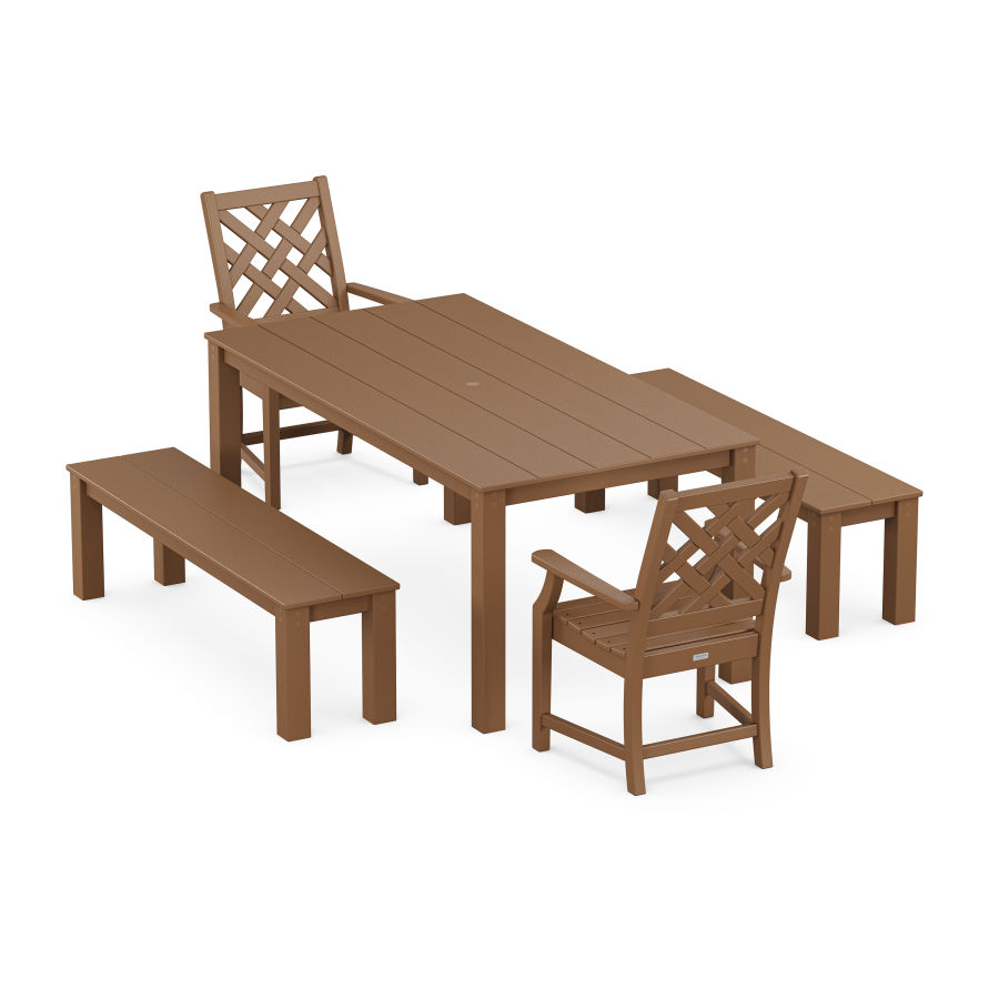 POLYWOOD Wovendale 5-Piece Parsons Dining Set with Benches in Teak