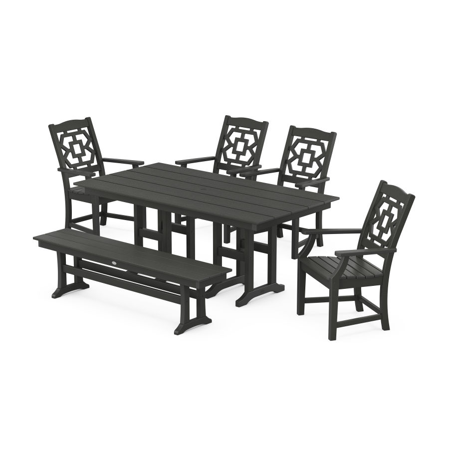 POLYWOOD Chinoiserie 6-Piece Farmhouse Dining Set with Bench in Black