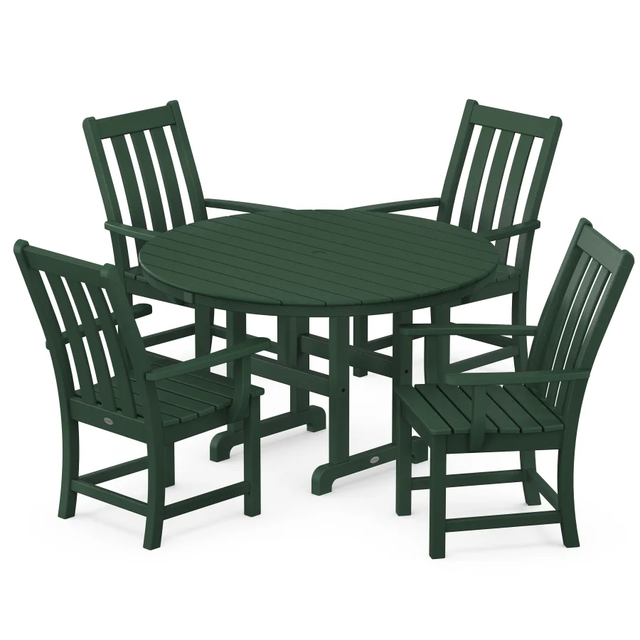 POLYWOOD Vineyard 5-Piece Round Farmhouse Arm Chair Dining Set in Green