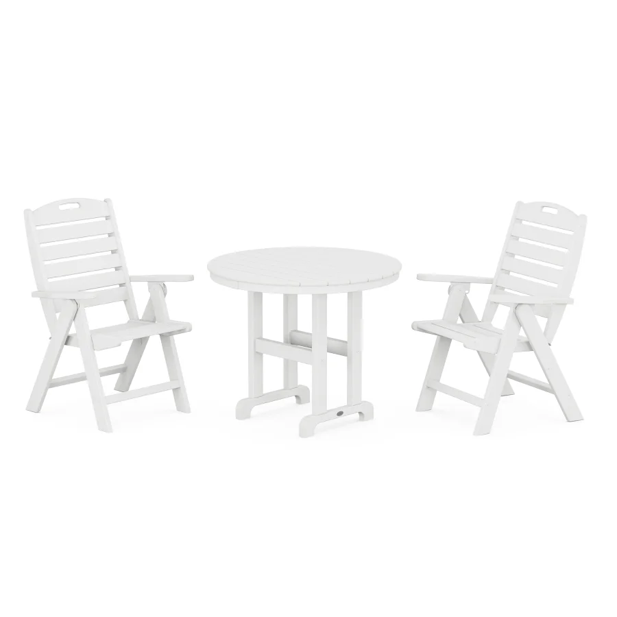 POLYWOOD Nautical Folding Highback Chair 3-Piece Round Dining Set in White