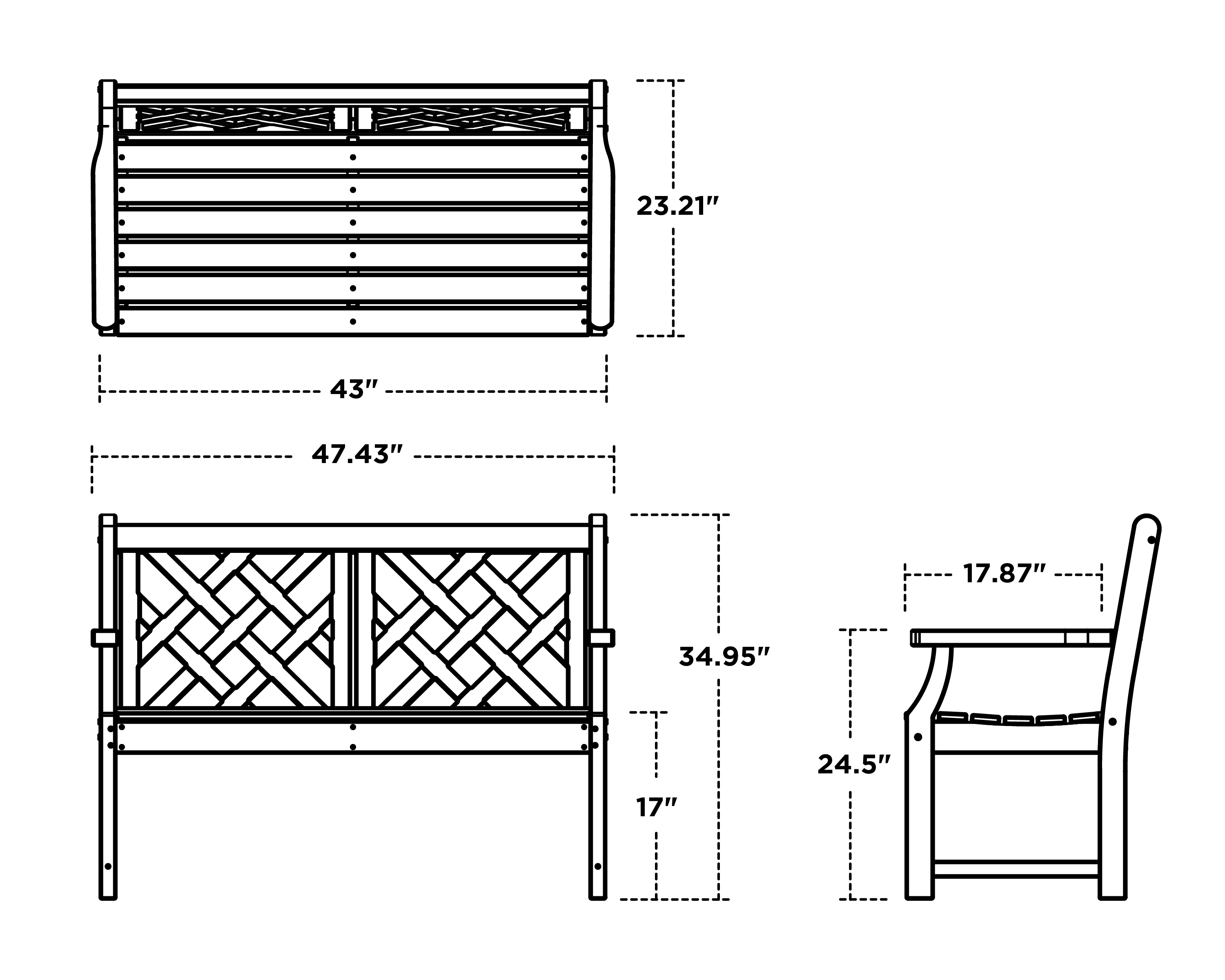Dimensions for Wovendale 48" Bench