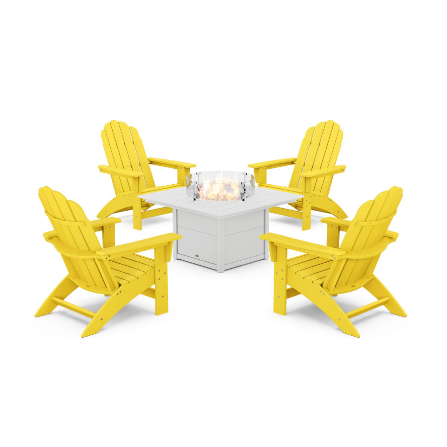 POLYWOOD 5-Piece Vineyard Grand Adirondack Conversation Set with Fire Pit Table in Lemon / White