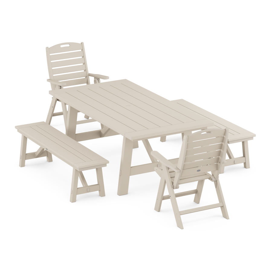 POLYWOOD Nautical Folding Highback Chair 5-Piece Rustic Farmhouse Dining Set With Benches in Sand