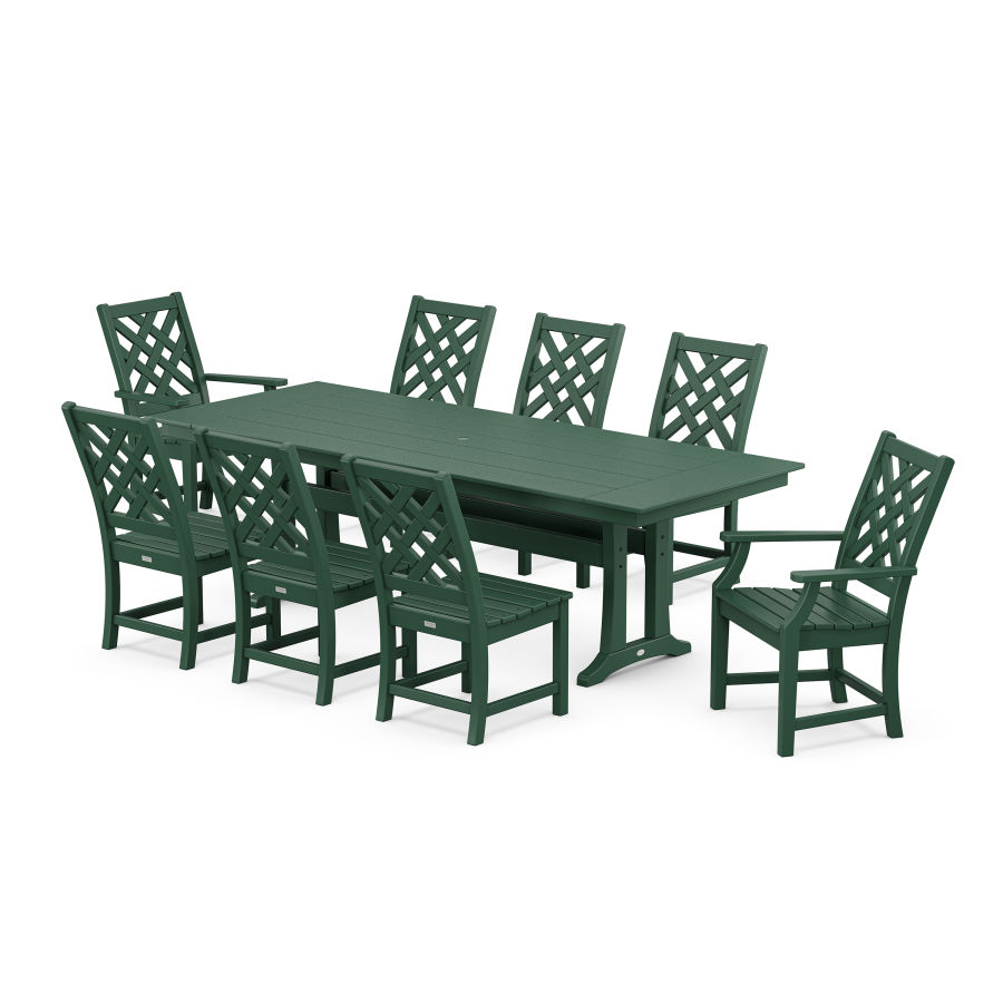 POLYWOOD Wovendale 9-Piece Farmhouse Dining Set with Trestle Legs in Green