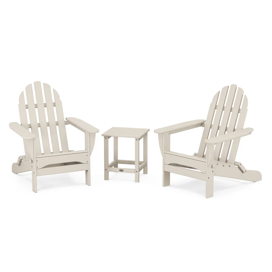 POLYWOOD Classic Folding Adirondack 3-Piece Set with Long Island 18" Side Table in Sand