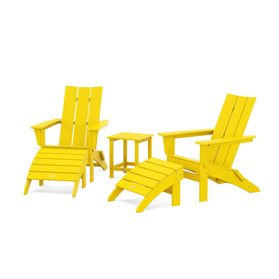 POLYWOOD Modern Folding Adirondack Chair 5-Piece Set with Ottomans and 18" Side Table in Lemon