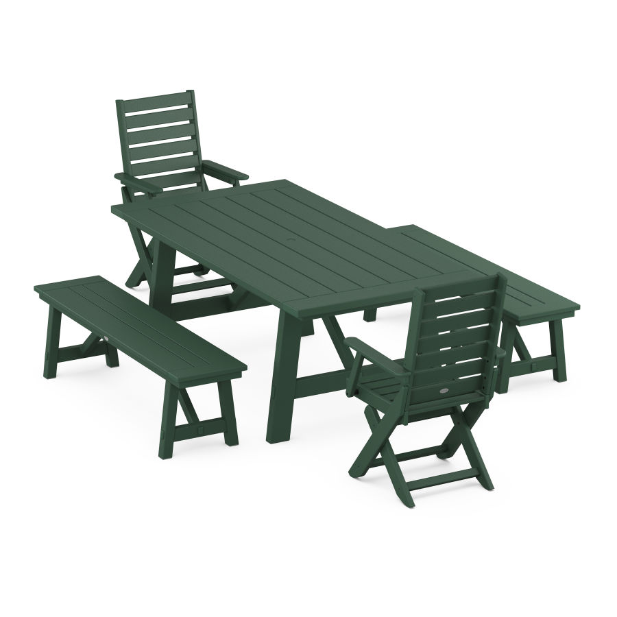 POLYWOOD Captain Folding Chair 5-Piece Rustic Farmhouse Dining Set With Benches in Green