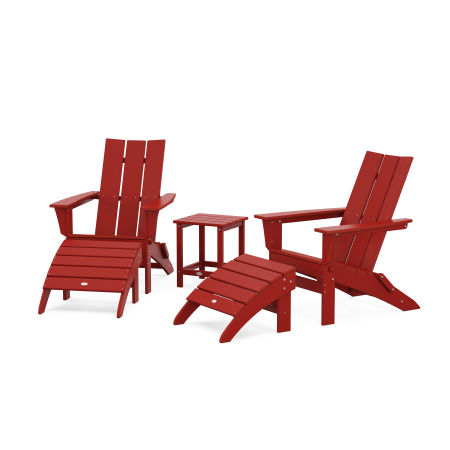 Modern Folding Adirondack Chair 5-Piece Set with Ottomans and 18" Side Table in Crimson Red