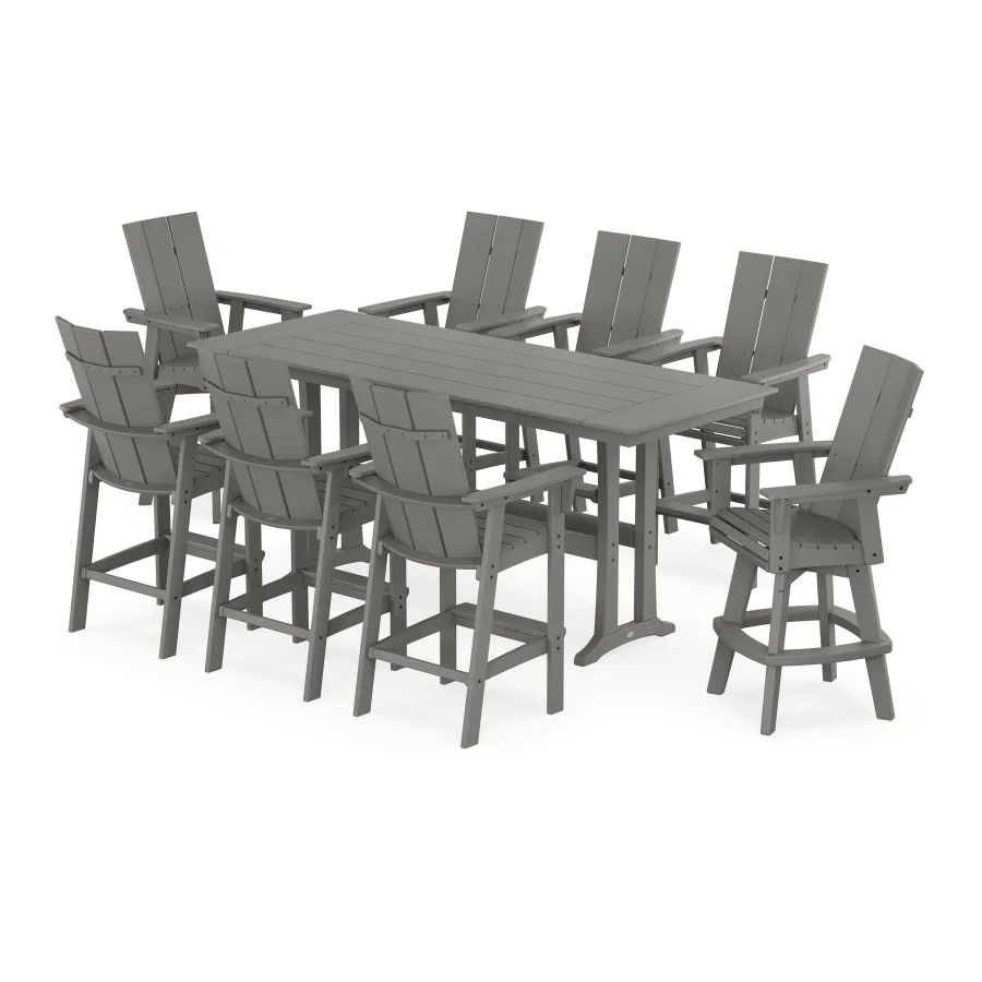 POLYWOOD Modern Curveback Adirondack Swivel 9-Piece Farmhouse Bar Set with Trestle Legs