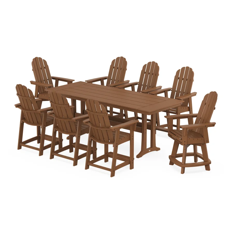 POLYWOOD Vineyard Curveback Adirondack Swivel 9-Piece Farmhouse Counter Set with Trestle Legs in Teak