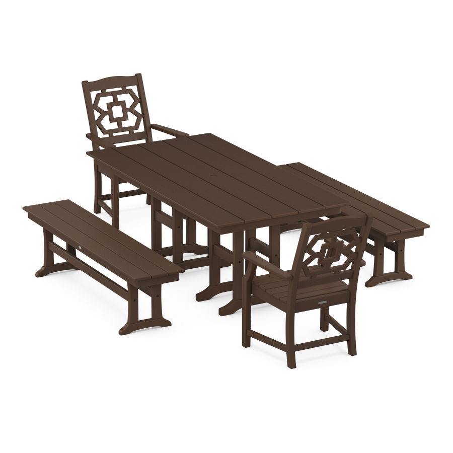 POLYWOOD Chinoiserie 5-Piece Farmhouse Dining Set with Benches in Mahogany