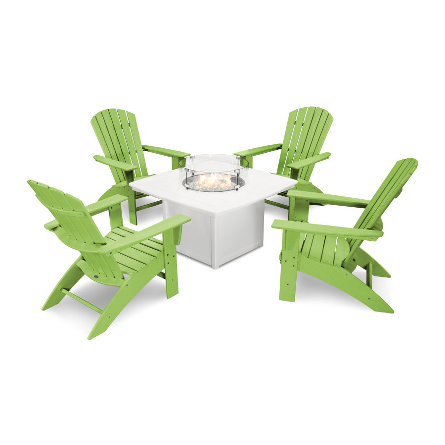 POLYWOOD Nautical Curveback Adirondack 5-Piece Conversation Set with Fire Pit Table in Lime / White
