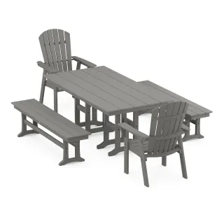 POLYWOOD Nautical Curveback Adirondack 5-Piece Farmhouse Dining Set with Benches