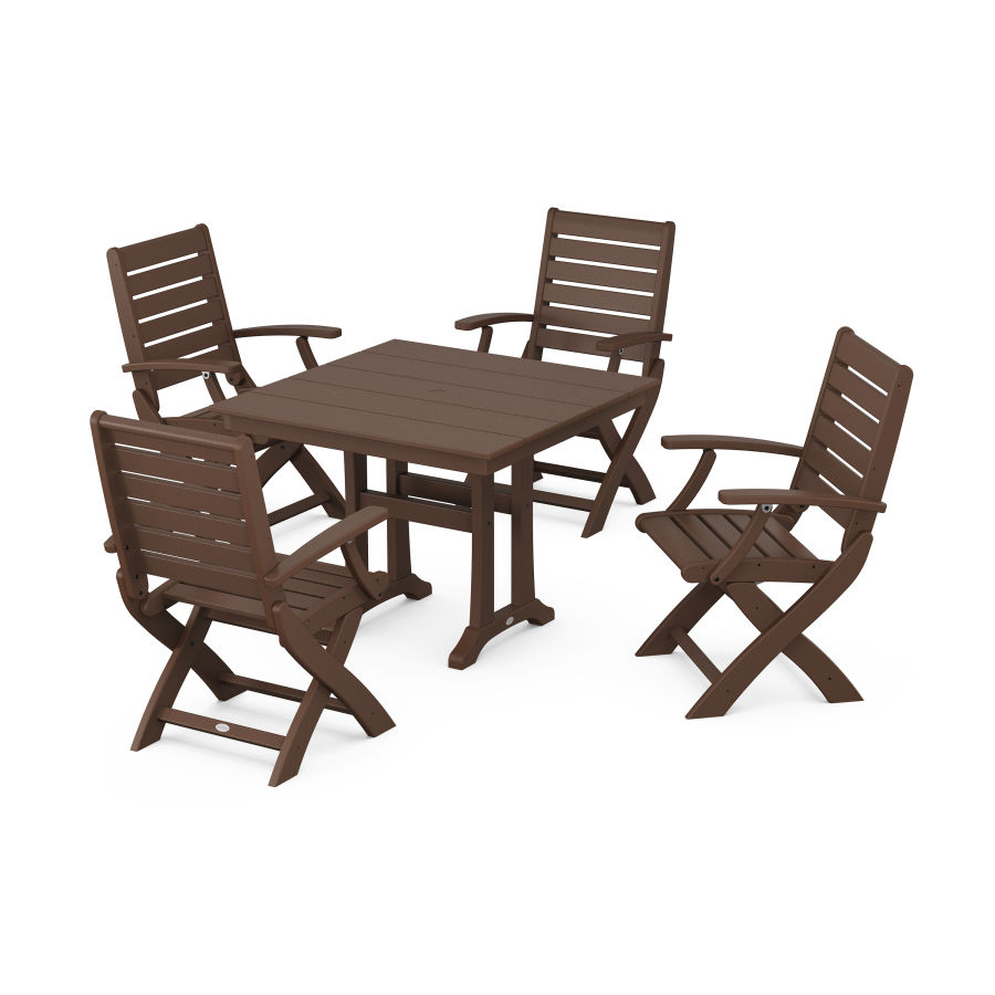 POLYWOOD Signature Folding Chair 5-Piece Farmhouse Dining Set With Trestle Legs in Mahogany