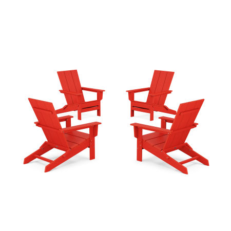 POLYWOOD 4-Piece Modern Studio Folding Adirondack Chair Conversation Set in Sunset Red