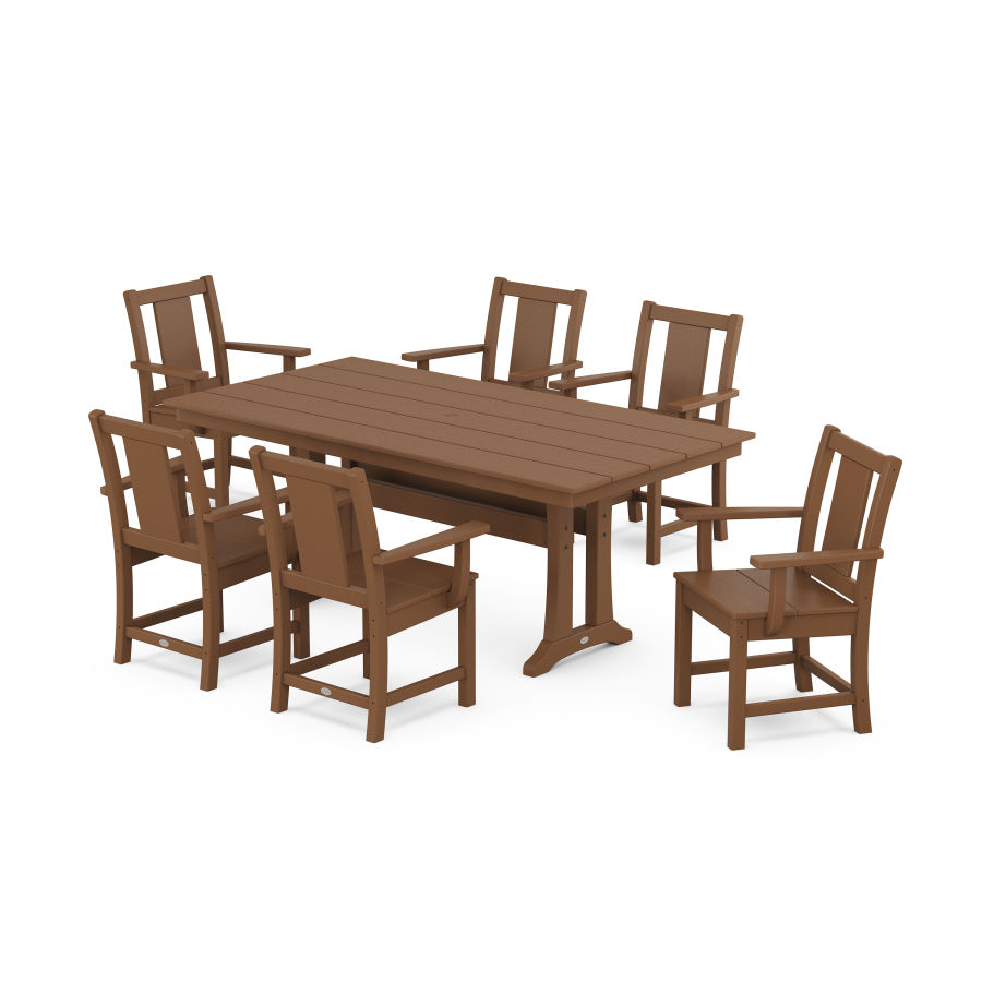 POLYWOOD Prairie Arm Chair 7-Piece Farmhouse Dining Set with Trestle Legs in Teak