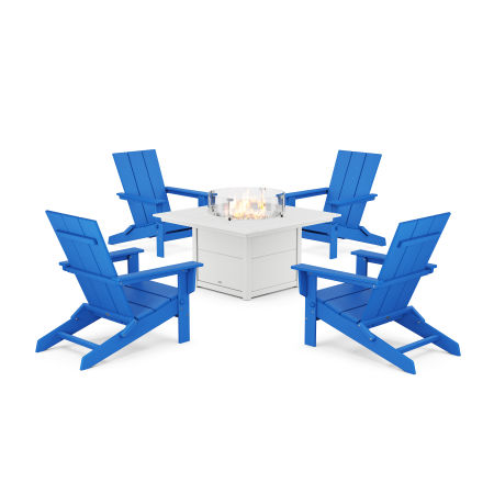 POLYWOOD 5-Piece Modern Studio Folding Adirondack Conversation Set with Fire Pit Table in Pacific Blue