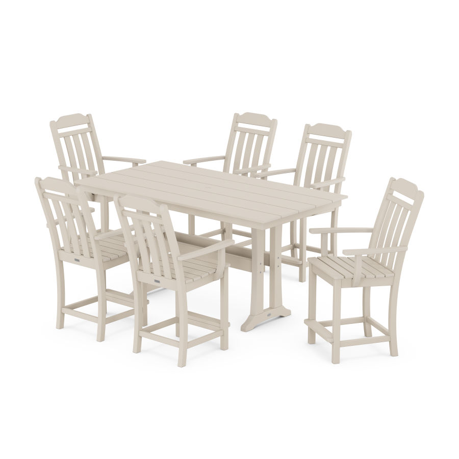 POLYWOOD Country Living Arm Chair 7-Piece Farmhouse Counter Set with Trestle Legs in Sand