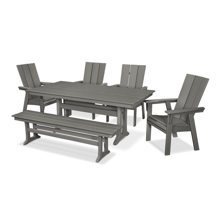 POLYWOOD Modern Curveback Adirondack 6-Piece Farmhouse Dining Set with Trestle Legs and Bench