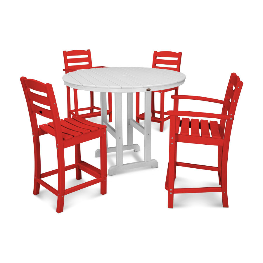 POLYWOOD La Casa Café 5-Piece Round Farmhouse Counter Dining Set in Sunset Red / White