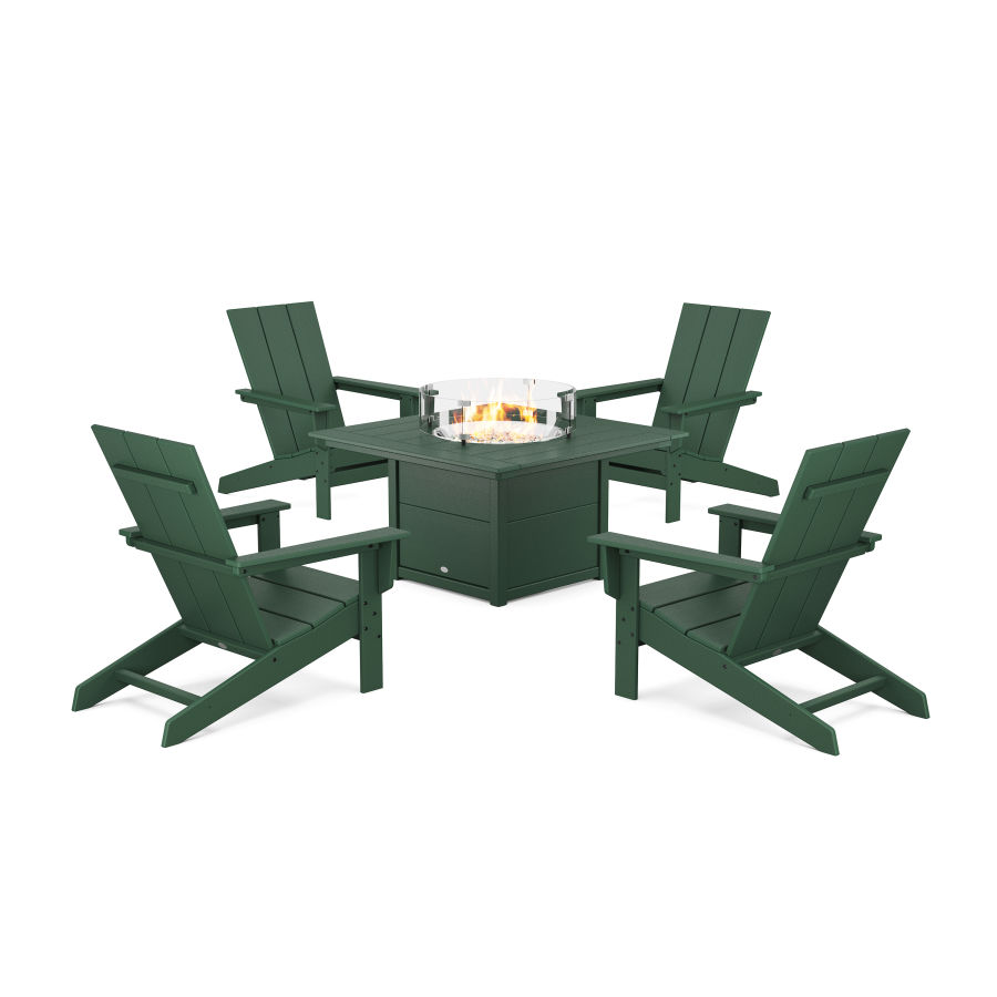 POLYWOOD 5-Piece Modern Studio Adirondack Conversation Set with Fire Pit Table in Green