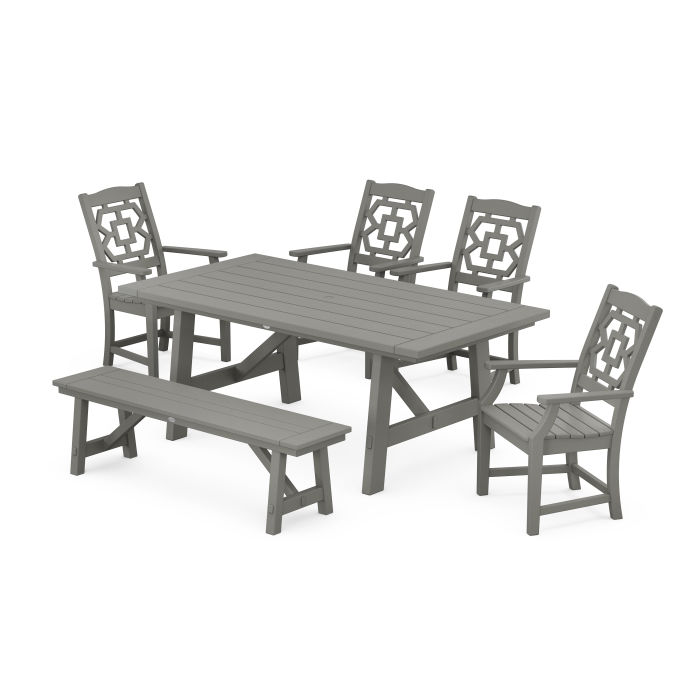 POLYWOOD Chinoiserie 6-Piece Rustic Farmhouse Dining Set with Bench