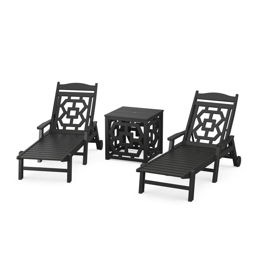 POLYWOOD Chinoiserie 3-Piece Chaise Set with Umbrella Stand Accent Table in Black
