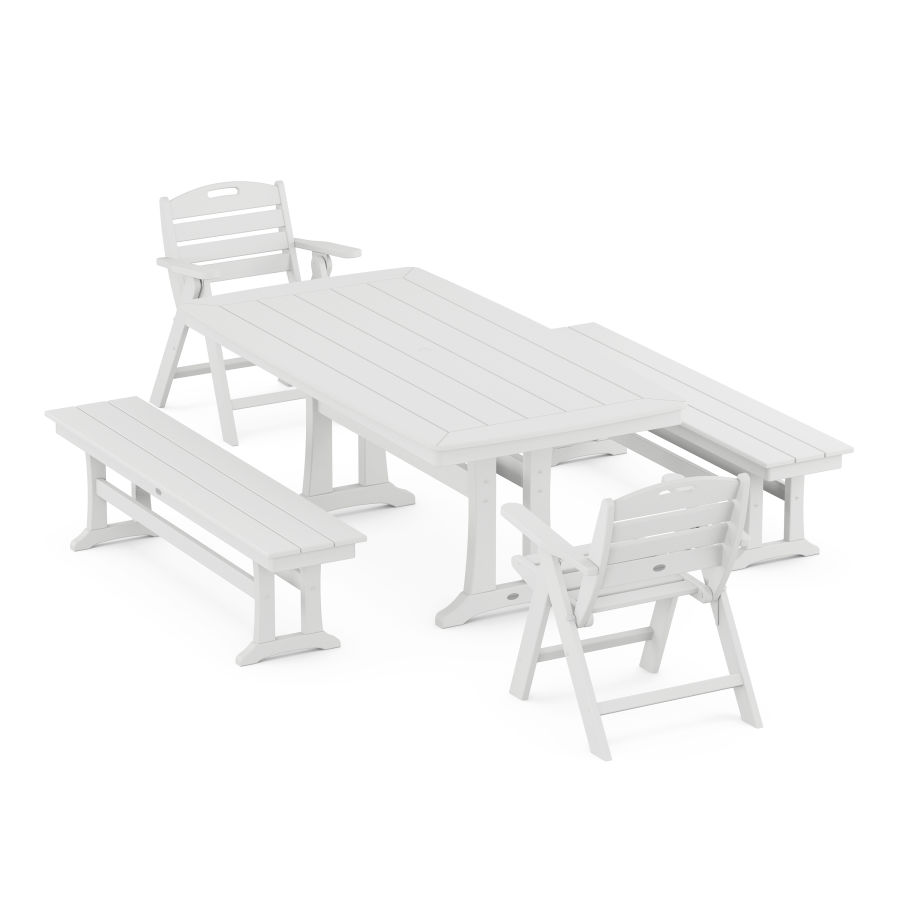 POLYWOOD Nautical Folding Lowback Chair 5-Piece Dining Set with Trestle Legs and Benches in White