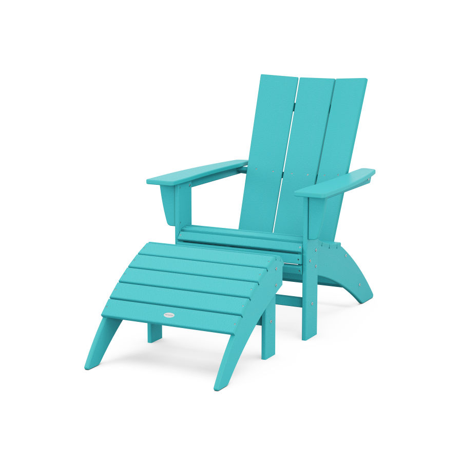 POLYWOOD Modern Curveback Adirondack Chair 2-Piece Set with Ottoman in Aruba