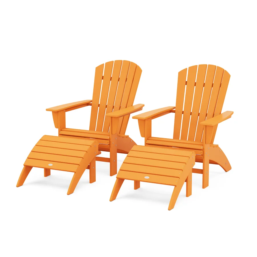 POLYWOOD Nautical Curveback Adirondack Chair 4-Piece Set with Ottomans in Tangerine