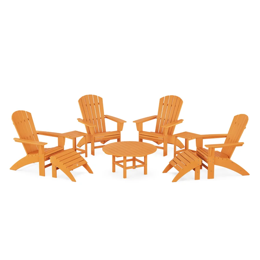 POLYWOOD Nautical Curveback Adirondack Chair 9-Piece Conversation Set in Tangerine