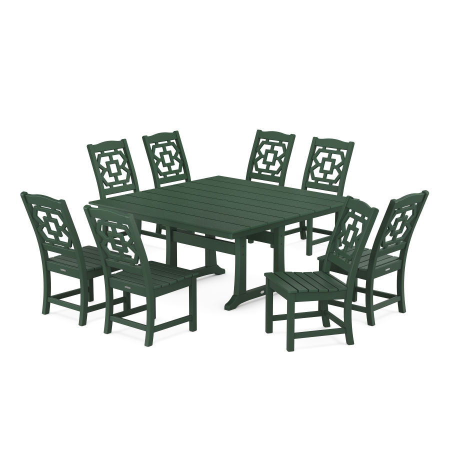 POLYWOOD Chinoiserie 9-Piece Square Farmhouse Side Chair Dining Set with Trestle Legs in Green
