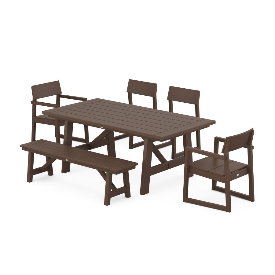 POLYWOOD EDGE 6-Piece Rustic Farmhouse Dining Set With Trestle Legs in Mahogany