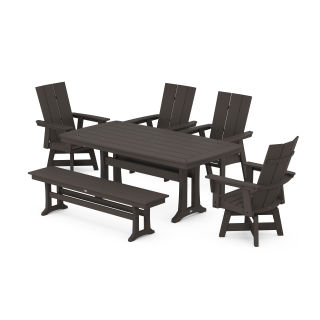 Modern Curveback Adirondack Swivel Chair 6-Piece Dining Set with Trestle Legs and Bench in Vintage Finish