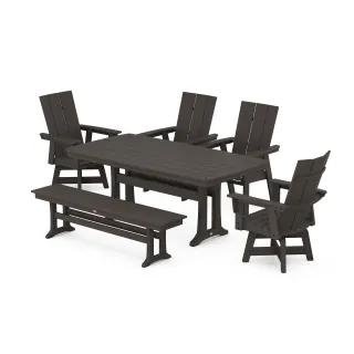 POLYWOOD Modern Curveback Adirondack Swivel Chair 6-Piece Dining Set with Trestle Legs and Bench in Vintage Finish