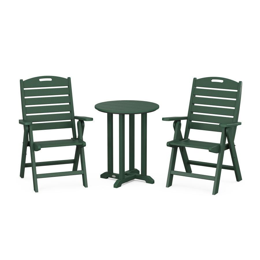 POLYWOOD Nautical Folding Highback Chair 3-Piece Round Dining Set in Green