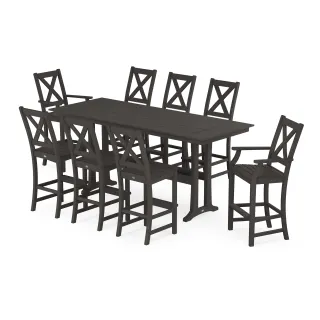 POLYWOOD Braxton 9-Piece Farmhouse Bar Set with Trestle Legs in Vintage Finish